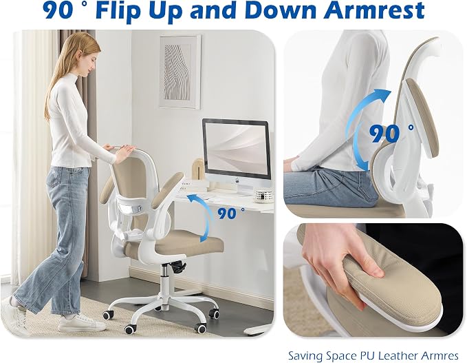 TRALT Ergonomic Office Chair Desk Chair with Adjustable Lumbar Support | Desk Chair Comfy with Flip-up Armrests Ergonomic Chair - Mesh Computer Chairs for Adults, 330lbs, PU Leather (Khaki, 1)