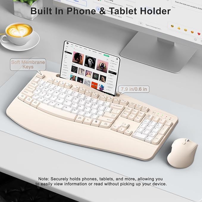 Wireless Keyboard and Mouse Combo, Ergonomic Wave Keys(Milk Tea-B) | 2.4G Full Size Keyboard with Wrist Rest, Phone Holder, 3-Level DPI Silent Mouse with 6-Buttons,for Windows/Mac OS/Laptop