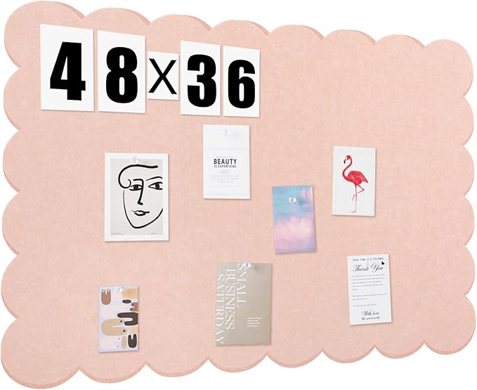 Scalloped Felt Bulletin Board 48 x 36 Inches Foldable Flesh Pink Pin Cork Board Alternative for Wall, 4' x 3' Trifold Picture Vision Self Adhesive Bulletin Decorative
