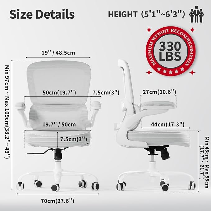 TRALT Ergonomic Office Chair Desk Chair with Adjustable Lumbar Support | Desk Chair Comfy with Flip-up Armrests Ergonomic Chair - Mesh Computer Chairs for Adults, 330lbs, PU Leather (White, 1)