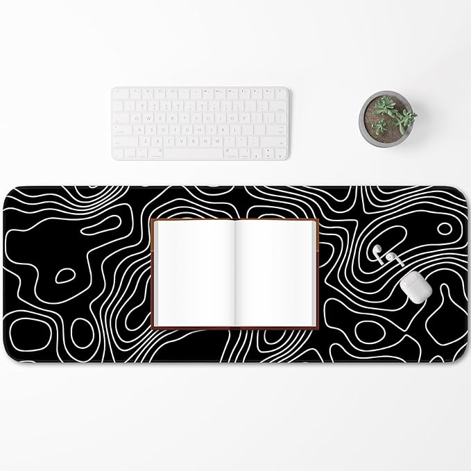 Gaming Mouse Pad, Non-Slip Rubber Base, Stitched Edge Mouse Pad for Office, Home, Black Terrain Line, Extra Large 31.5x11.8 Inch