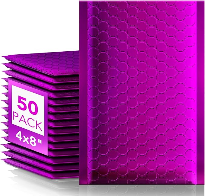 Fuxury Foil Bubble Mailers 4x8" 50 Pack,Sturdy Padded Envelopes Usable Size 4x7",Strong Adhesion Bubble Shipping Envelopes,Thick Opaque Shipping Bags for Mailing Jewelry Makeup Gift Small Item Purple