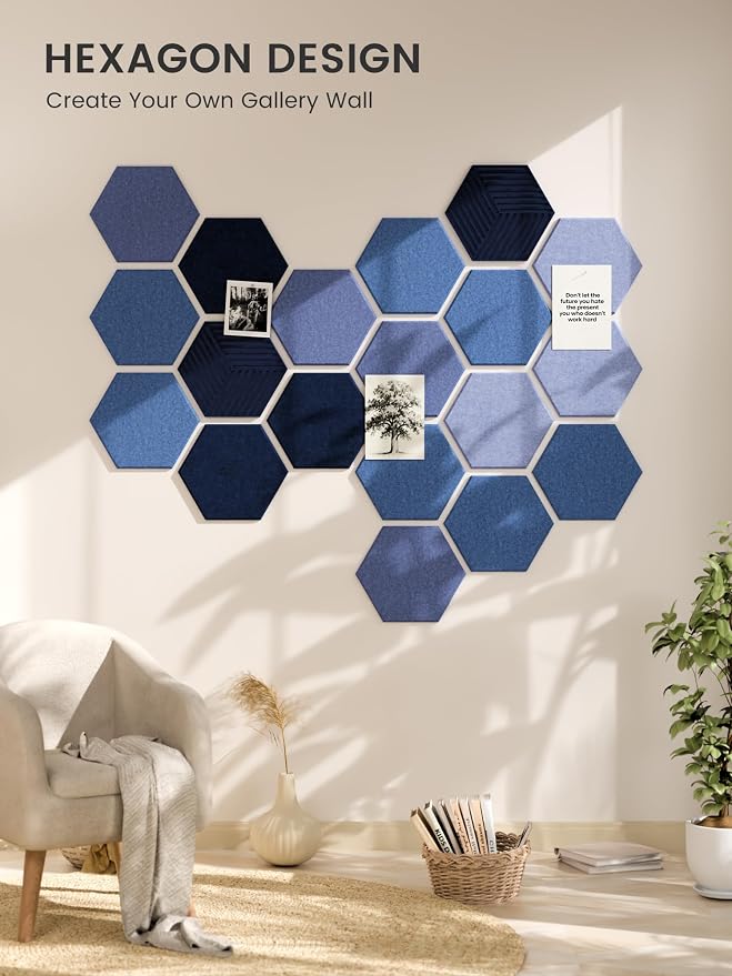 Fluxynara 10-Pack Hexagon Cork Board Alternative, Denim Mist | Felt Bulletin Board with 50 Adhesive Tabs, Ideal for Vision Boards and Wall Decor in Homes, Offices, Classrooms, and Dorms