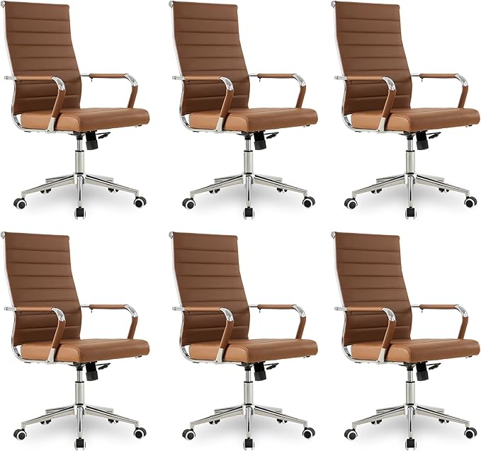 Okeysen Office Desk Chair, Ergonomic Leather Modern Conference Room Chairs, Executive Ribbed Height Adjustable Swivel Rolling Chair for Home Office Set of 6. (Brown)
