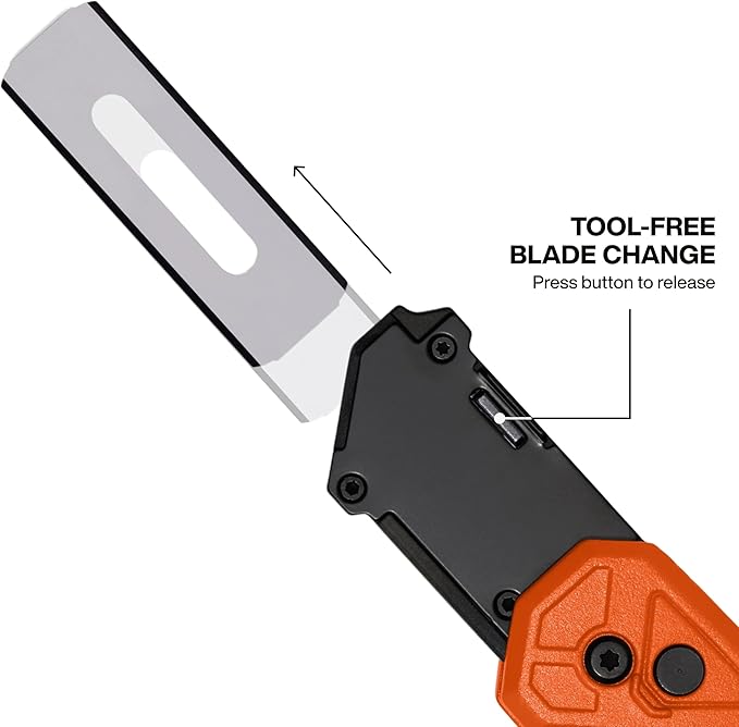 Klein Tools 44310 FLICKBLADE Carpet Blade Folding Utility Knife, Two Locking Positions at 135-Degree and 180-Degree, Integrated Tucking Tool, Tool-Free Blade Change, Durable Aluminum Body