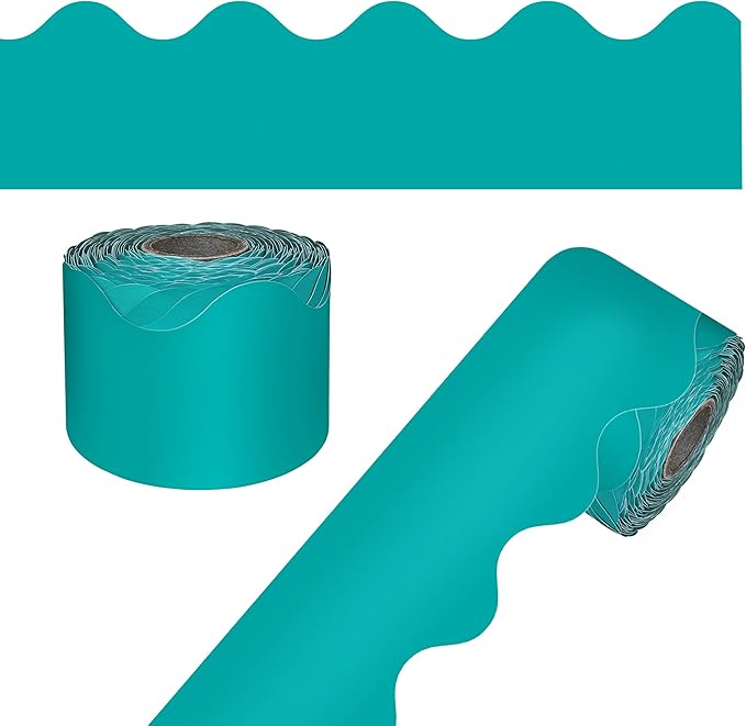 Carson Dellosa Education 65Ft of Teal Bulletin Board Borders, 1 Roll of Scalloped Trim for Rolling Whiteboard, Cork and Posterboard, Party, Office Decorations, and Classroom Decor