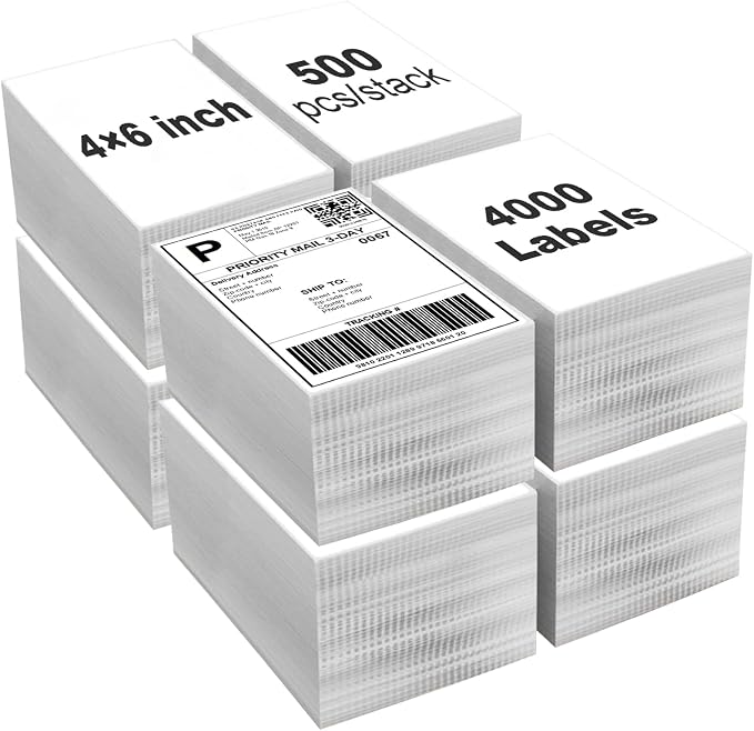 4000 Labels/8 Stacks 4" x 6" Fanfold Direct Thermal Shipping Address Labels Compatible with Zebra 2844 & Rollo Printer