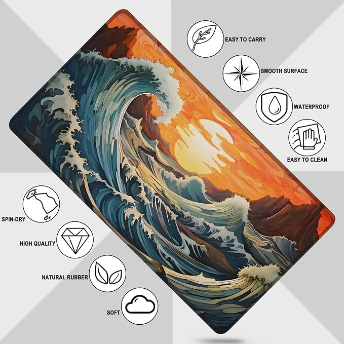 Gaming Mouse Pad, Waterproof Extra Large Mousepad with Stitched Edges, 31.5" x 15.7" Non-Slip Rubber Base Office Big Long Keyboard Pad for Office Gamer Home XXL, (Waves Sunset)