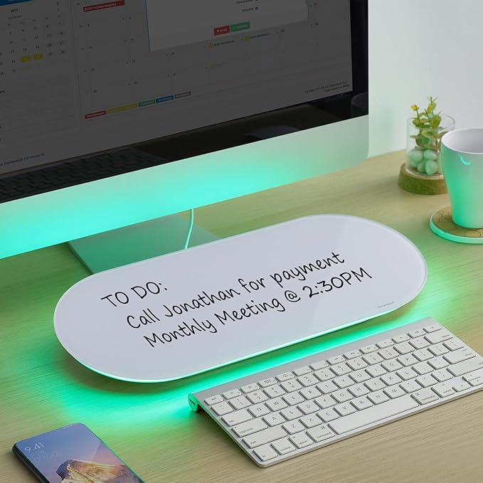 Glass Desktop Whiteboard - 17 X 7 Inches Small Dry Erase Board with Green Light, Glass White Board Surface Notepad with 1 Drawer, Desk Organizers for Office, Home, School Supplies