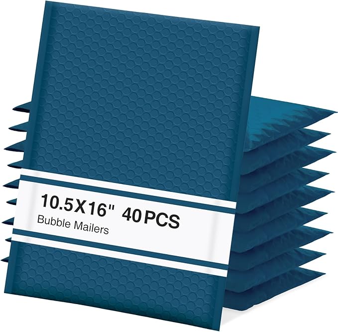 UCGOU Bubble Mailers 10.5x16 Inch 40 Pack Usable Size 10.5x15 Inch Large Padded Envelope Navy Blue Waterproof Packaging Bag for Shipping Self Seal Strong Adhesion Envelope for Jewelry Makeup Supplies