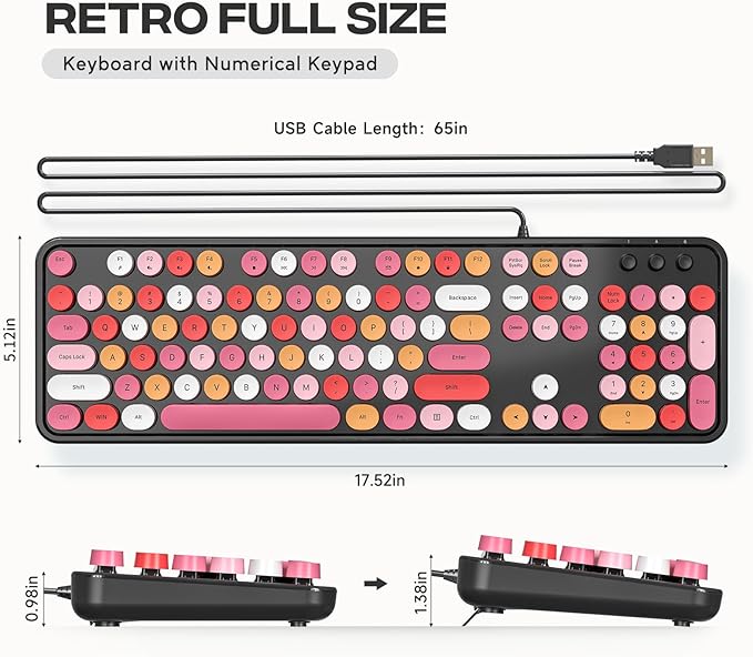 Computer Keyboard Wired, Plug and Play USB Retro Round Typewriter Keyboard, Full Size Wired Keyboard with Foldable Stands for Laptop and Office PC