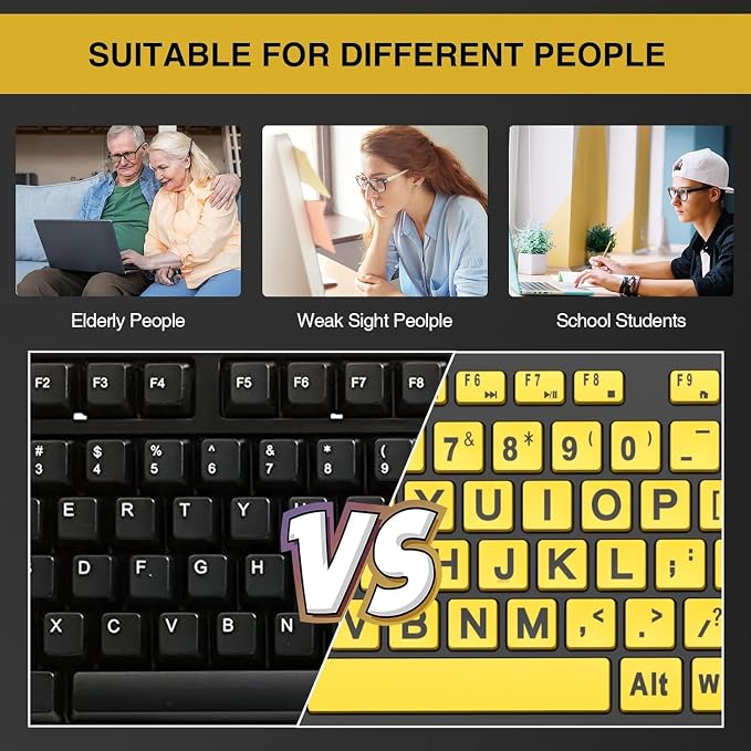 SABLUTE Large Print Computer Keyboard, Wired with Wrist Rest(Yellow+Black) | USB High Contrast Phone Holder Oversized Print Letters Easy to Read for Visually Impaired Vision Individuals