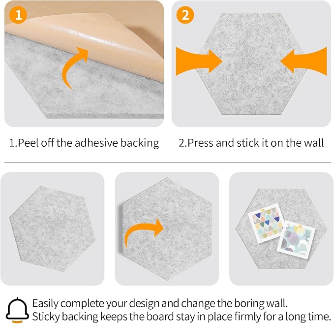 Felt Bulletin Cork Board for Office, 12 x 10 inch, 10 Pack | Hexagon Bulletin Board Tiles, 1300g/m² Dense Felt, Fully Self Adhesive, Peel and Stick, Frameless, Modern, Office Home Decor