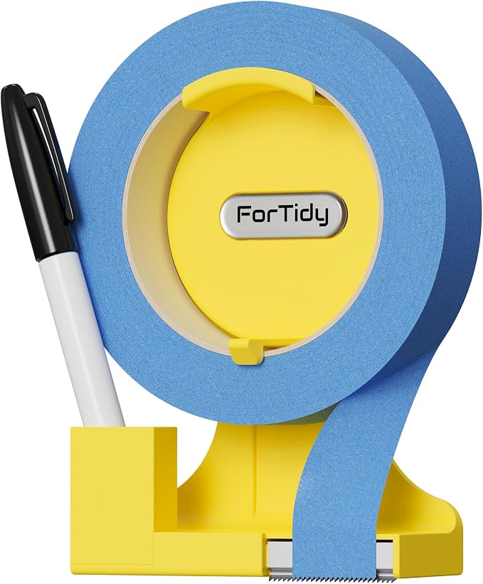 ForTidy Magnetic Masking Tape Holder, Painter's Tape Dispenser, Yellow | Removable Label System, Cutter Pen Holder, For Home Kitchen, Office, Fridge, Garbage, School (Tape and Pen Not Included)