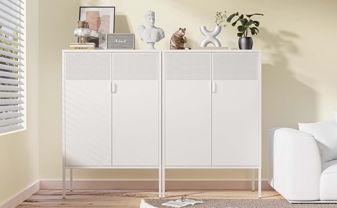 Chshin Metal Storage Cabinet,Kitchen Pantry Storage Cabinets with Doors,Buffet Cabinet with 2 Adjustable Shelves,White Pantry Cabinets,Steel Sideboard for Home,Shoes,Office,Dining Room