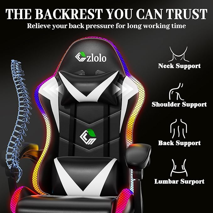 Gaming Chair, RGB LED Lights Computer Chair with Footrest, Lumbar Support Massager Gamer Chair, High Back, 90-135° Reclining, Linkage Armrests, White