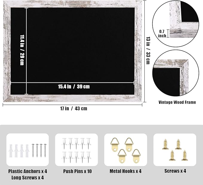 Black Felt Bulletin Board, 17x13 inches Decorative Hanging Bulletin Boards for Walls with Wood Frame, Pin Board Vision Board for Office Home Kitchen and School with Pins (4333,WH,2pc)
