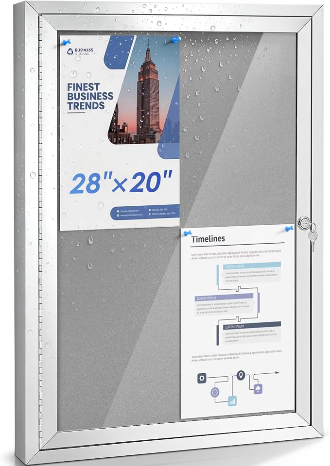 SWANCROWN Enclosed Bulletin Board Outdoor Felt Notice Board, 28x20 in | Weather Resistant, Aluminum frame, Wall Displays Board, With Locking Door, Pin Board, For Office School Business Community