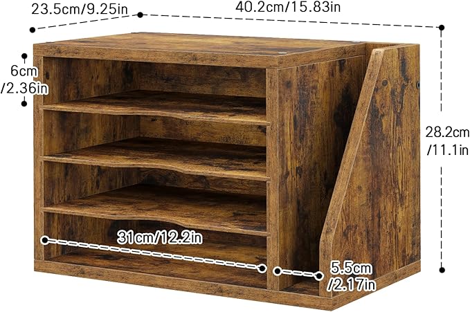 Mail Sorter, File Organizer Desktop, Wood Desk Organizer with 3 Adjustable Shelves, Mail Holder for Office, Home, Letter Sorter File Holders for Envelopes, Supplies Magazines, Rustic Brown