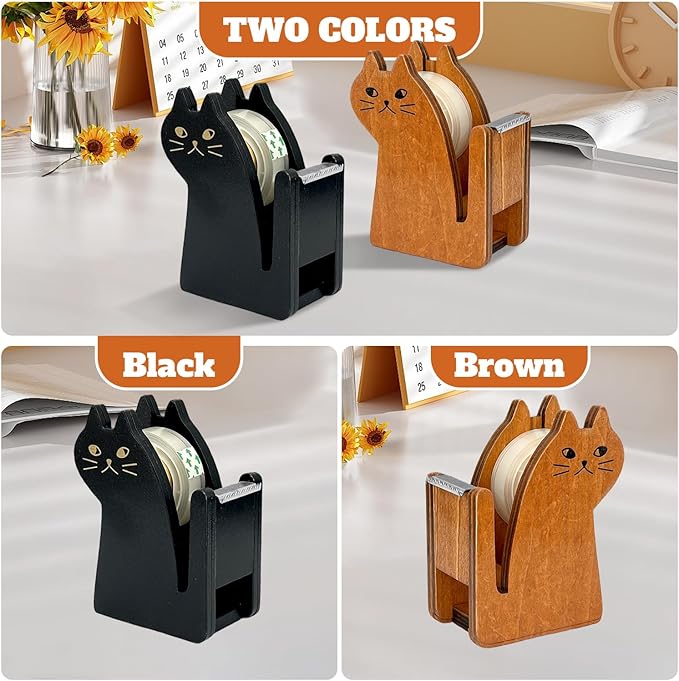 Wooden Tape Dispenser Desk - Cute Adorable Animal Design for Desk Organizing, 2-Pack Set Office & School Supplies (Black and Brown) (Cat)