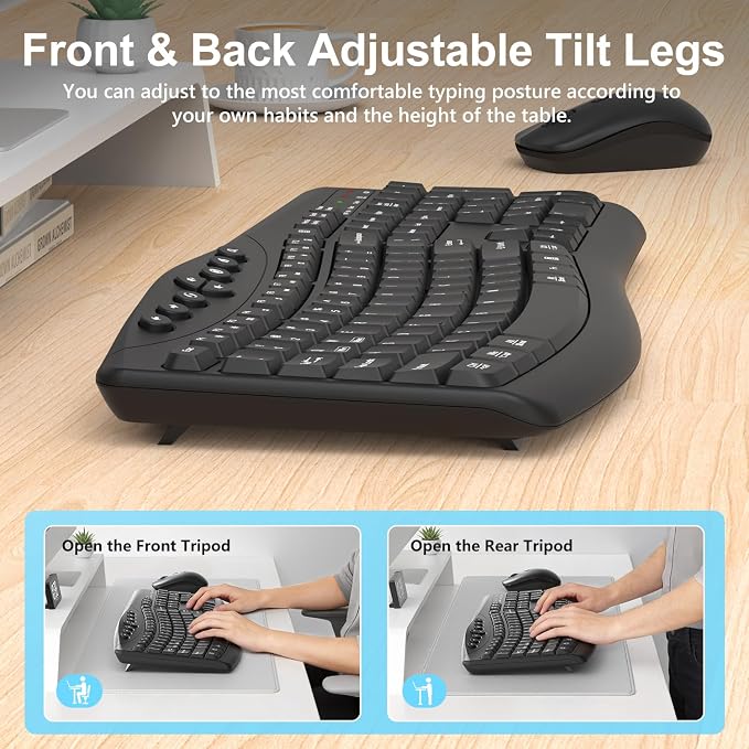 Wireless Keyboard and Mouse Combo, 2.4G Quiet Ergonomic Curved Keys (Black)