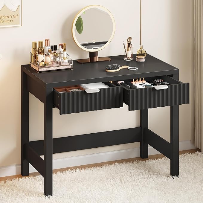 32 Inch Small Fluted Computer Desk with 2 Drawers for Bedroom, Home Office | Small Computer Desk with Drawers, Compact Writing Study Desk Storage for Small Spaces, Black