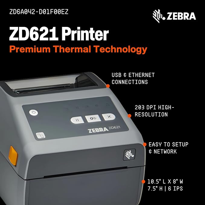 ZEBRA ZD621 Thermal Shipping Label Printer 4"| 203 DPI | No Ink Required | 4x6 | USB, Serial, Ethernet, Tap to Print NFC | 2 Year Warranty | UPS/USPS/FedEx | Direct Thermal