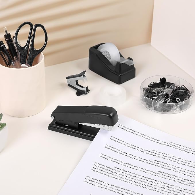 SKYDUE Black Office Supplies Set, Stapler and Tape Dispenser Set,10PCS | Black Desk Accessories with Stapler, Tape Dispenser, Scissors, Binder/Paper Clips and 1000pcs Staples, Desk Supplies Set