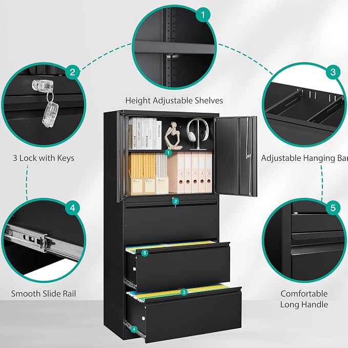 3 Drawer Lateral File Cabinet with Lock and Shelf,Black Metal Filling Cabinet with Drawers and Shelf, Locking File Storage Cabinets with Doors and Shelves for Home,Office,Garage,School