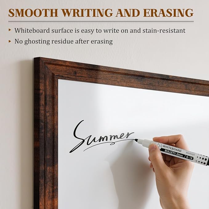 White Board for Wall, 24'' x 18'' Magnetic Dry Erase Board, Brown | Wooden Frame, Decorative Whiteboard, Wall Mounted, for Home, Office, Kitchen, Dorm, 4 Markers, 6 Magnets, A Eraser