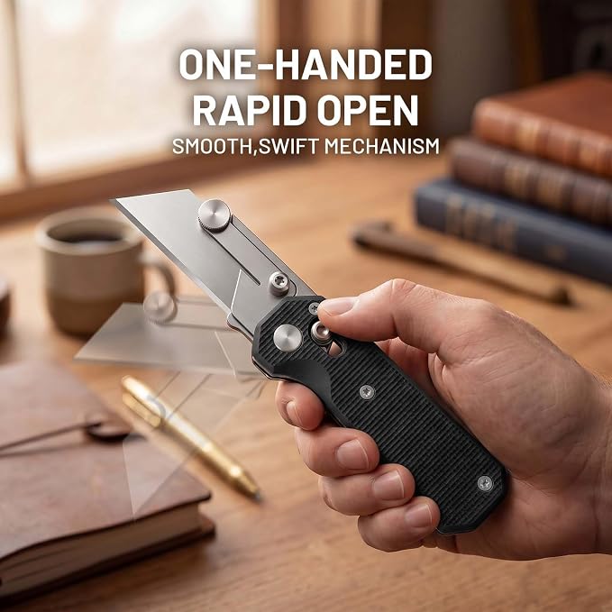 Folding Utility Knife, Pocket Knife, Box cutter Knife with Pocket & Rail Lock, Durable Razor Knife for Home Office Warehouse Everyday Carry, Gift for Men Women（Black）