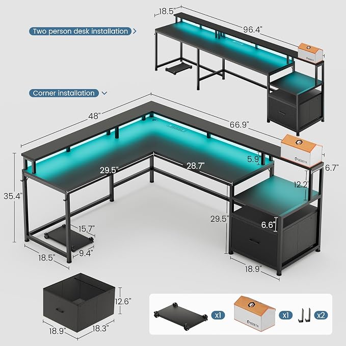 SEDETA 66" Reversible L Shaped Computer Desk with Power Outlet, File Drawer | Home Office Desk with Monitor Shelf, Storage Shelves, LED Lights for Corner Small Spaces, Gaming, Black
