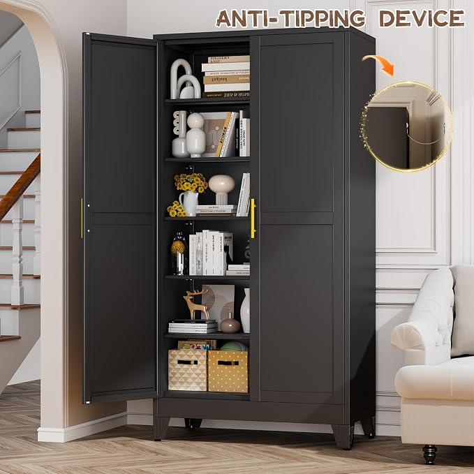78.7" Tall Metal Pantry Cabinet, Freestanding Kitchen Storage Cabinet | with 2 Doors and 5 Adjustable Shelves, Versatile Storage Cupboard for Kitchen, Laundry, Dining & Utility Room, Black