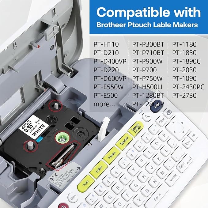 TZe-221 9mm 0.35" Label Tape, Black on White, Compatible for Brother TZe-221 TZe221 P Touch Label Maker Tape for Ptouch PT-D210 D200 D220 H110 D400 D600 PT1290, 6-Packs