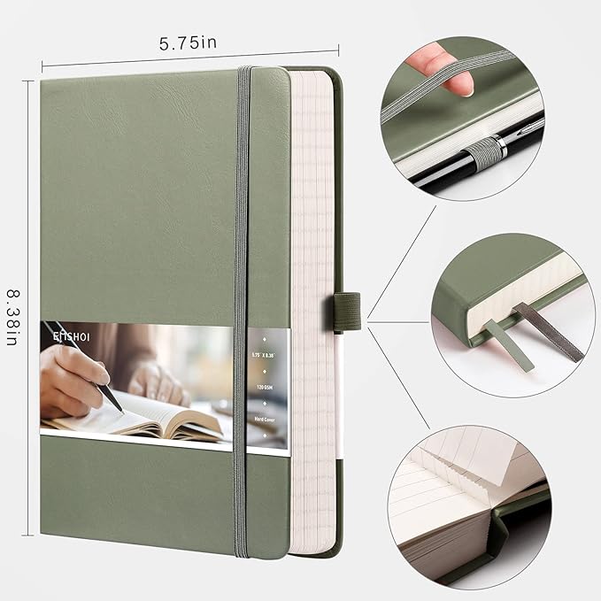 EMSHOI A5 College Ruled Notebook, 256 Numbered Pages 120GSM Ink-Proof Faux Leather Hardcover Lay-Flat Lined Journal for Work Office School Travel Writing, Small 5.75" x 8.38", Green