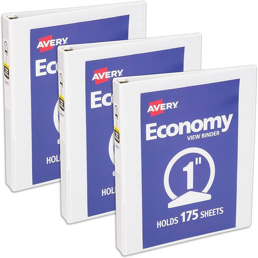 Avery Economy View 3 Ring Binder, 1 Inch Round Rings, 3 White Binders (05760)
