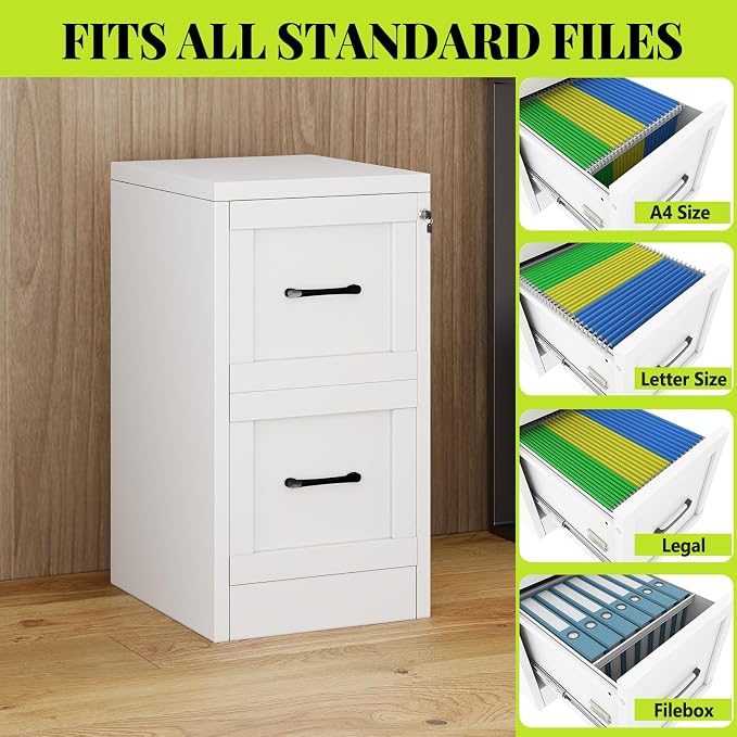2-Drawer Metal File Cabinet with Lock, Narrow Vertical, White | Metal vertical filing cabinet with adjustable rails for Letter, Legal and A4 folders; one lock secures both drawers