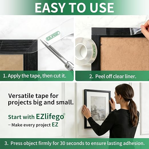 EZlifego Heavy Duty Invisible Bond Nano Double Sided Mounting Tape, 9.85FT | Nano-Tech, Holds up to 72 lbs, All-Purpose, Instant Hold, Industrial-Strength Adhesive, Indoor & Outdoor Decor,Back to School