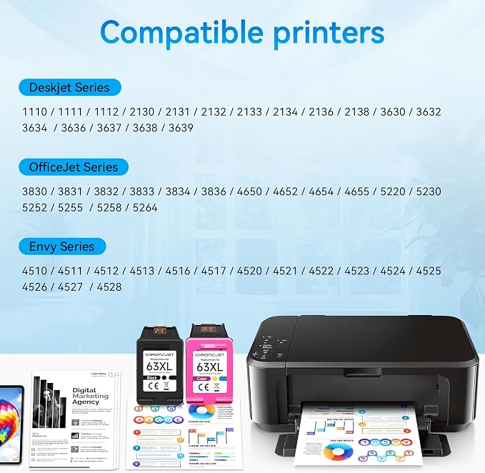 High Yield 63XL Ink Cartridges Black and Color Replacement for HP Ink 63 fit for Envy 4520 4512 4510 OfficeJet 3830 4650 5255 5258 5200 4655 DeskJet 1112 2130 3630 Printer-2 Pack,Display Ink Level