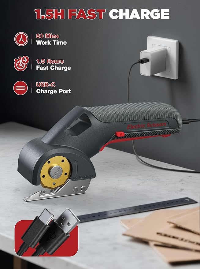 2025 Upgrade 4V Cordless Cutting Tool, Cardboard Cutter with 2 Titanium Blades, 2000mAh Battery, Electric Chop Saw for Fabric, Cardboard, Leather, Carpet - Ash Grey