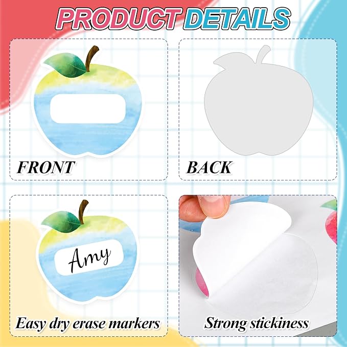 Whaline 90 Pcs Back to School Name Tag Stickers Watercolor Apples Shape Nameplates Colored Self-Adhesive Label Decals for Students Desk Classroom Decoration, 9 Designs