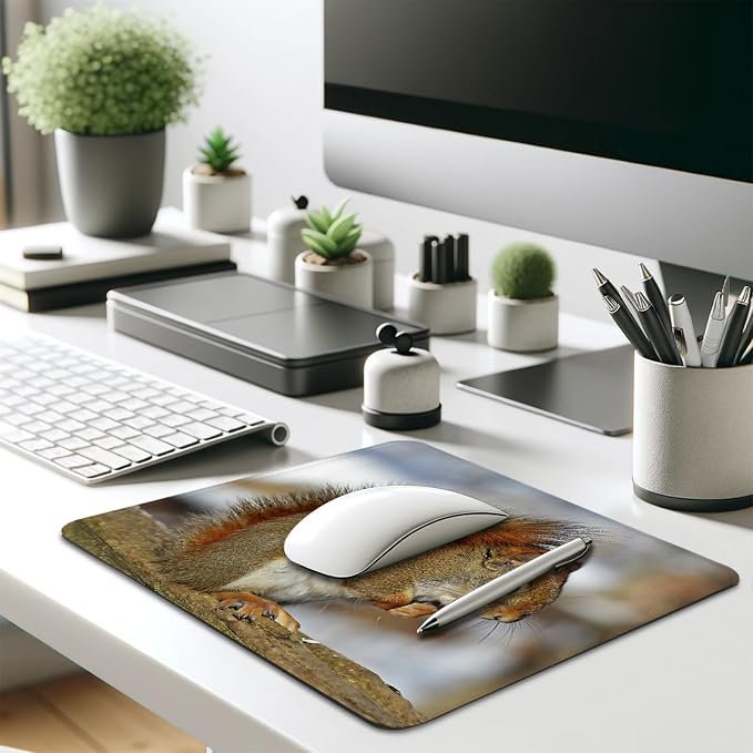 Adorable American Red Squirrel on Tree Branch Mouse Pad, Durable Desk Mat | Forest Animal Wildlife Nature Design, Cute Mousepad Stitched, Anti-Slip Base Smooth Surface, 9.5 x 7.9 Inches