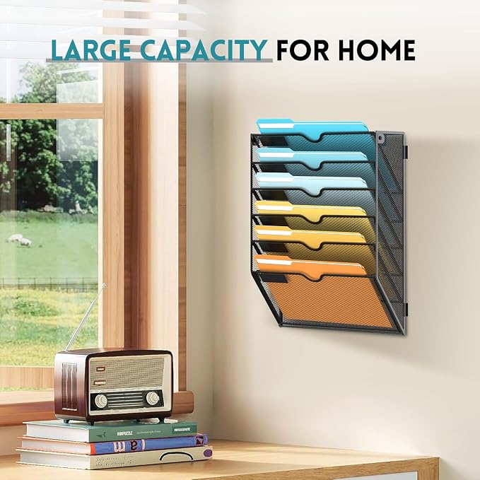 6 Tier Wall File Organizer, Hanging Wall Mounted Mail Organizer with Label Slots, Metal Mesh File Holder Magazine Rack for Office, Home, School or Classroom, Black