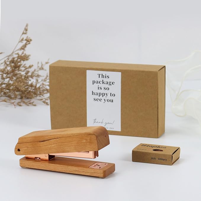MultiBey Natural Cherry Wood Desk Stapler - 25 Sheet Capacity | Jam-Free Desktop Stapler with 1000 Staples, Retro Woodgrain Stapler Desk Accessories for Office, Home
