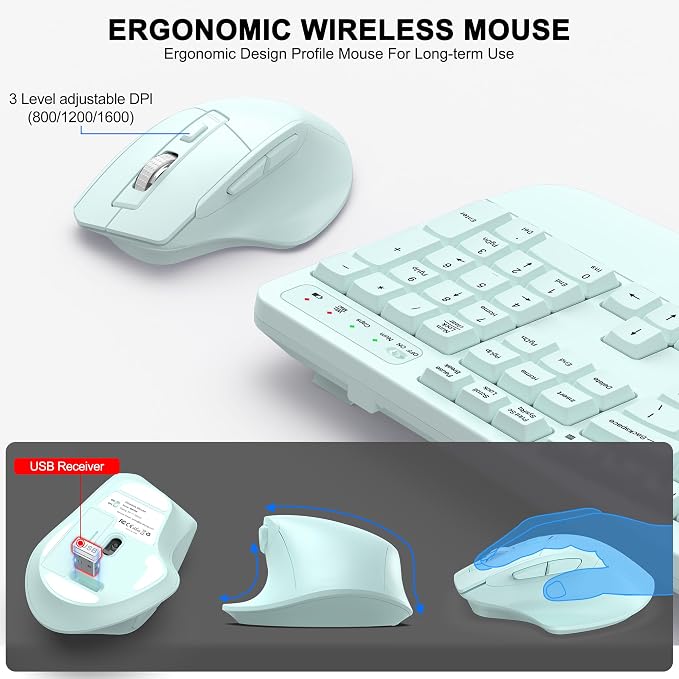 Wireless Keyboard and Mouse Combo, 2.4G Ergonomic Wave Key(Mint Green) | Full Size Wave Keyboard with Wrist Rest, 3-Level DPI Adjustable Ergonomic Mouse for Windows and Mac OS Desktop/Laptop/PC