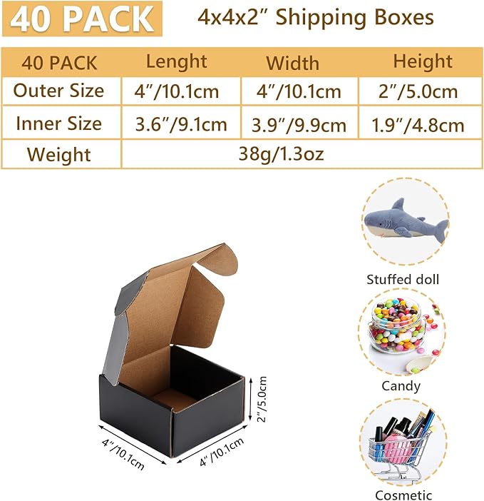 EXYGLO 40 Pack 4x4x2 Shipping Boxes, Black Corrugated Cardboard Boxes for Packaging Small Business, Moving, Shipping, Mailing, and Storing