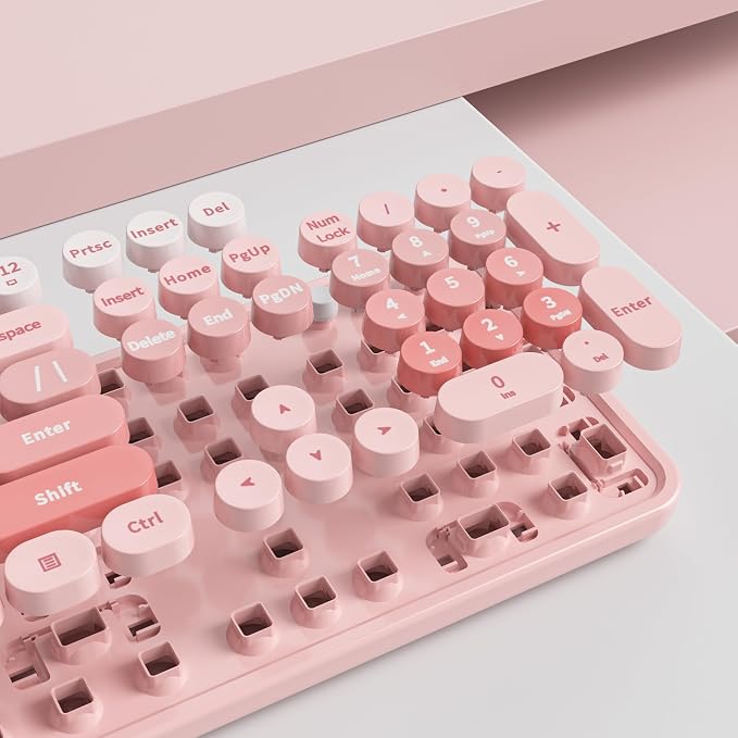 GTSP Colorful Pink Wireless Keyboard and Mouse Combo, Wireless Typewriter Full-Size Retro Cute Aesthetic Keyboard 2.4GHz with Round Keycaps for Desktop Laptop and PC (Cute Pink)