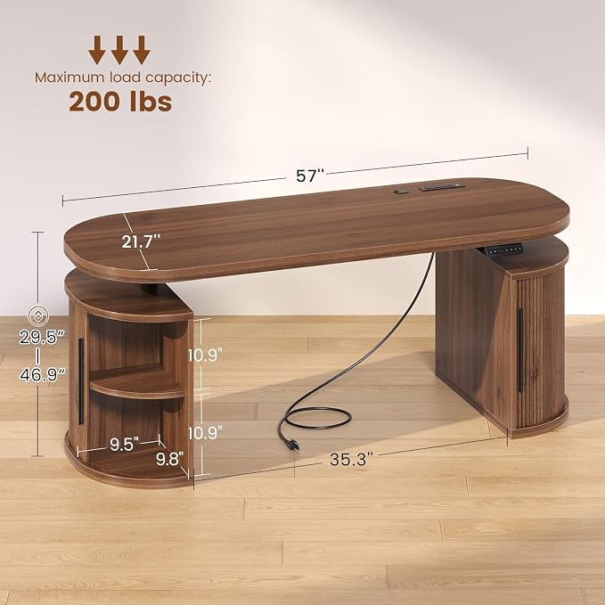 SEDETA 57" Standing Desk with Storage, Electric Height Adjustable Executive Fluted Desk with Curved Cabinets, Computer Desk with Power Strip for Home Office, Brown