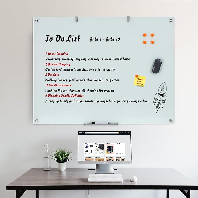 Wingwise Glass Dry Erase Board, 48 x 36 Inches Magnetic Glass Whiteboard | Frameless Glass Board, Wall Mount, 4' x 3', Frameless, For Office, Home, School