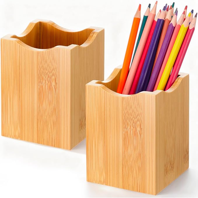 2 Pcs Bamboo Wood Pen Pencil Holder Square Pencil Cup Stand Makeup Organizer for Pen Holder Desk Home Office Adults(Bamboo Wood, Wavy)